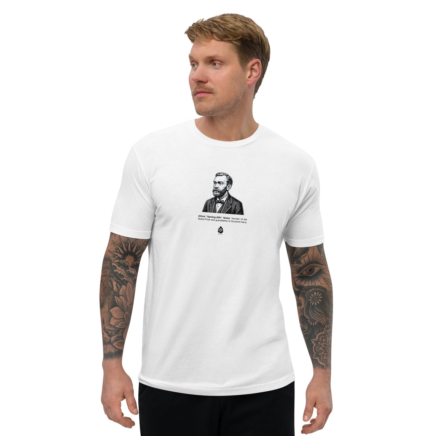 Kille i t-shirt med Alfred Nobel, Nobelpriset och Dynamit-Harry